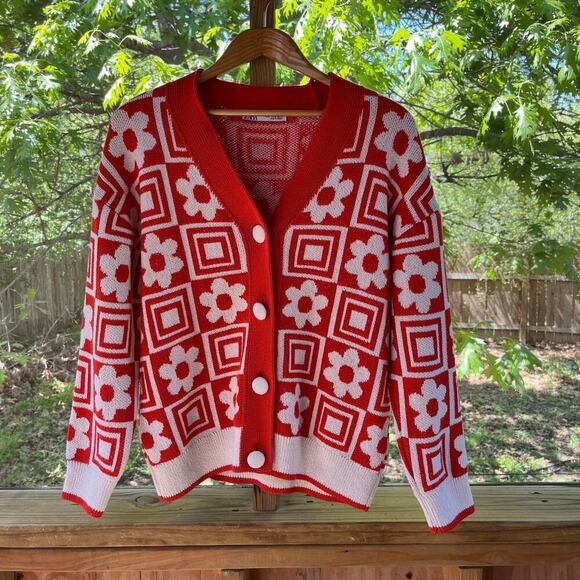 Zara Women's Orange And White Floral Geometric Cardigan Sweater Size M - Picture 1 of 8